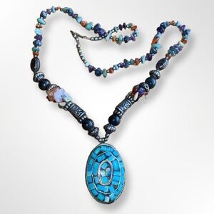 Tibetan Tribal Multi Semi Precious Stone with Turquoise Inlay Pendant Necklace